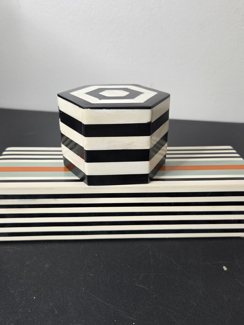 Striped Hexagonal & Rectangle Decorative Box - Black & White